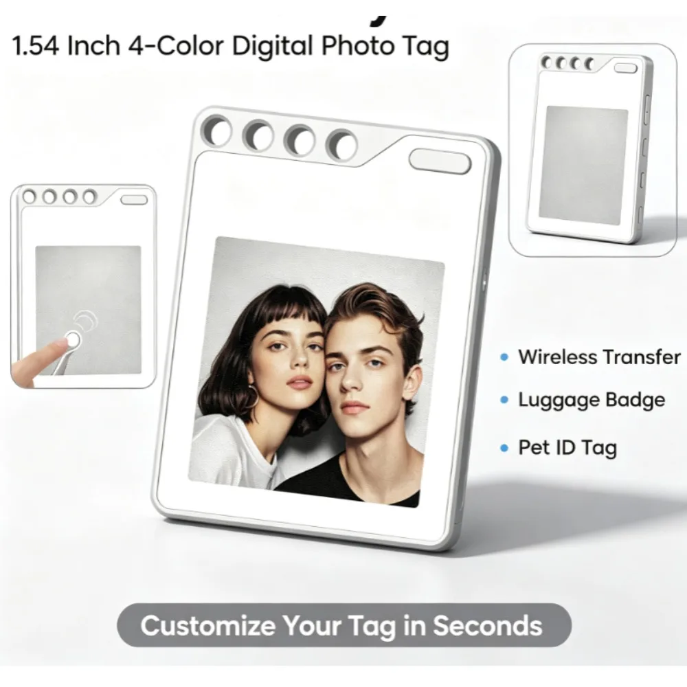 1.54Inch 4‑Color E‑Ink Digital Photo Display Keychain Memory Photo Transfer E‑Ink Tag Badge ID Tag Compatible for iOS iPhone