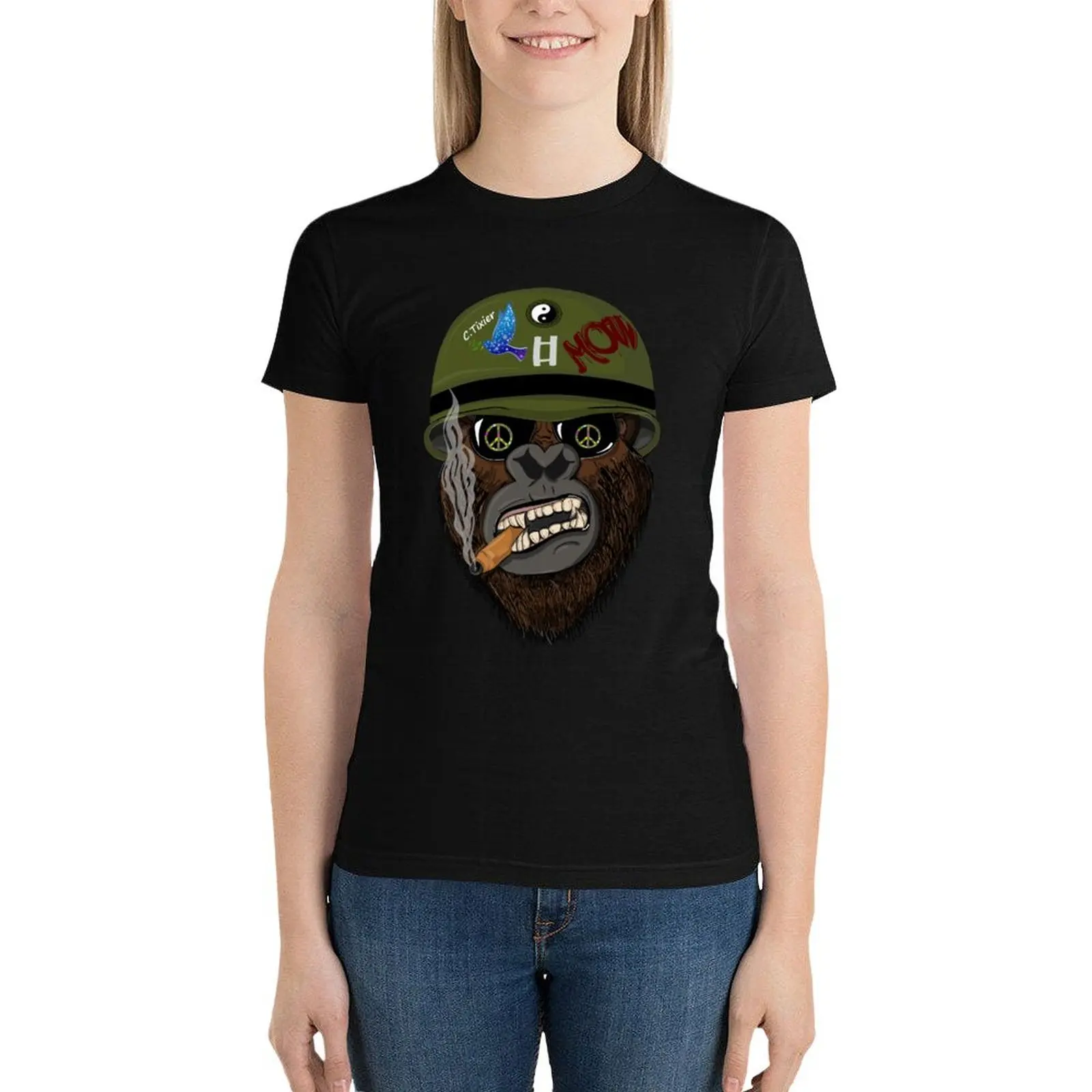 Drunken Monket Style Digital Art T-Shirt tops Short sleeve tee animal print shirt for girls black t-shirts for Women