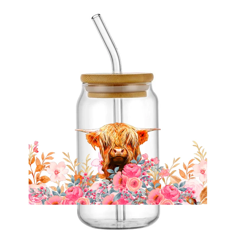 Highland Cow Series Waterproof Anti Scratch Decals 16oz Libby Cup Wrap 3D Stickers 3D Pegatinas DIY Designs