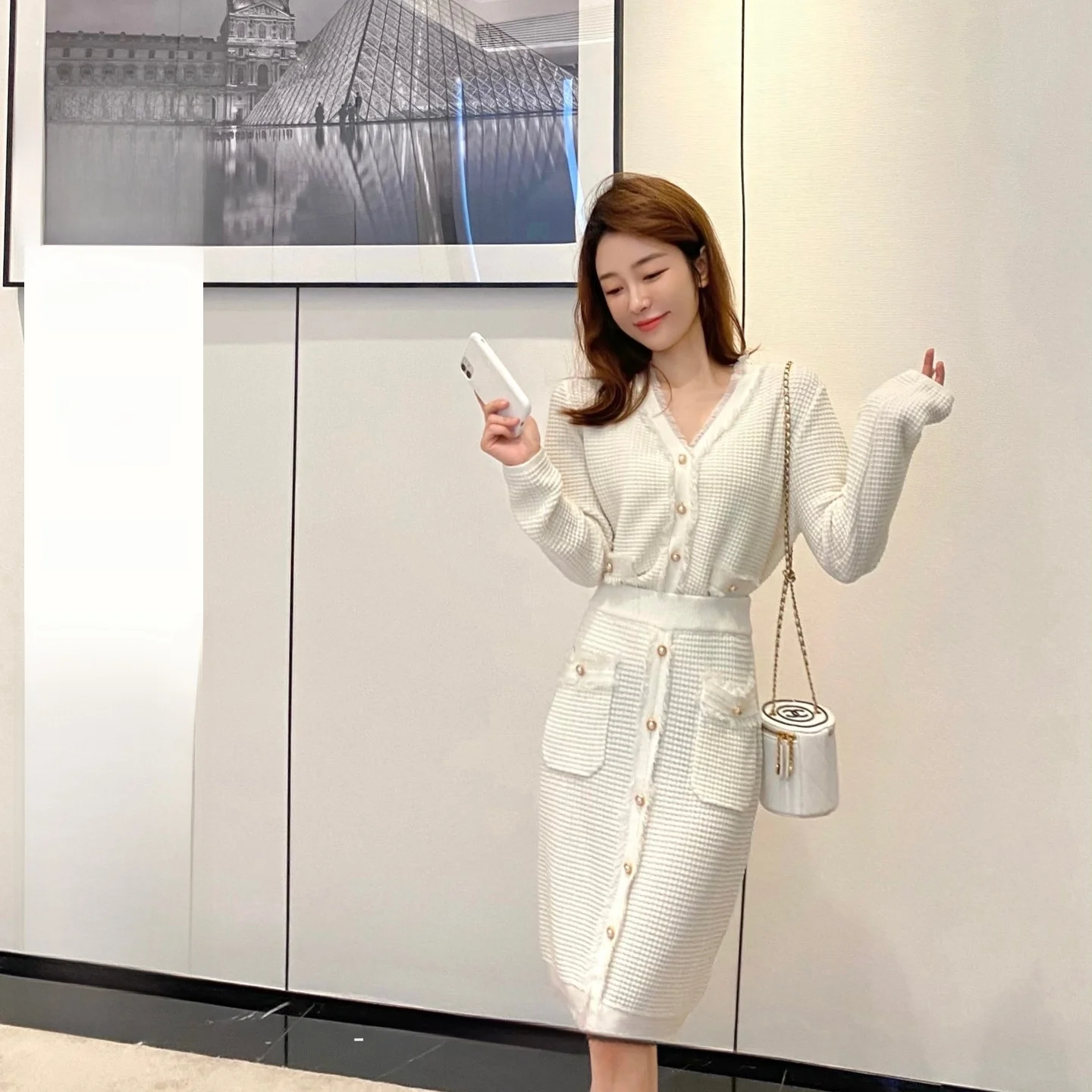 

Женский классический комплект CCZEE: кардиган и юбка в клетку «ёлочка», новый повседневный вязаный костюм-двойка для осени