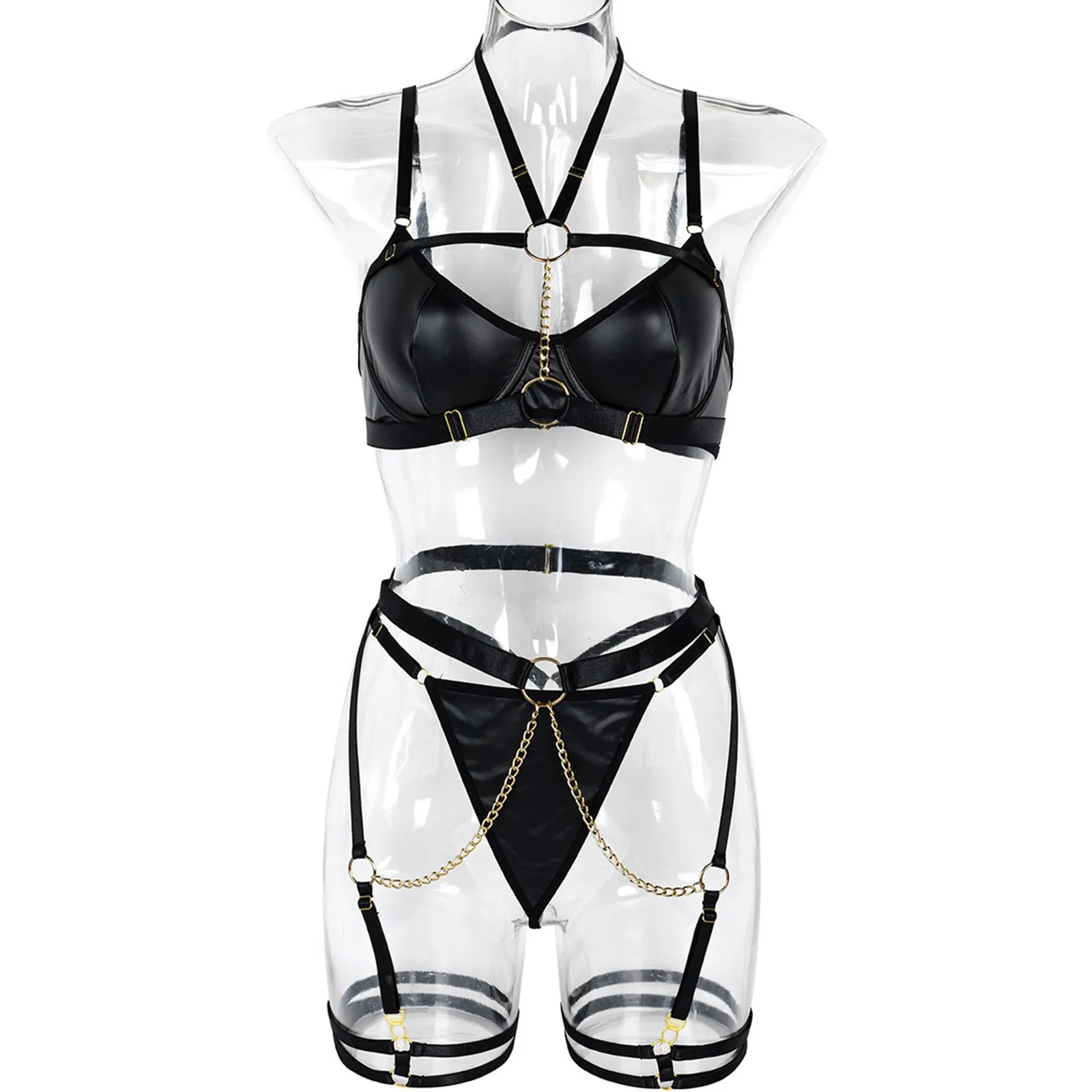 Women's Three Piece Sexy Lingerie Set Pu Leather Chain Waist Cincher Sexy Cosplay Costumes For Women Sexy Boudoir Outfits