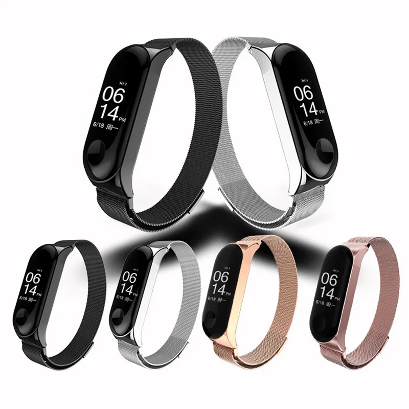 Moda pulseira de aço inoxidável metal para xiaomi mi banda 3 4 pulseira magnética ouro para miband 3 4 pulseira malha correia correas