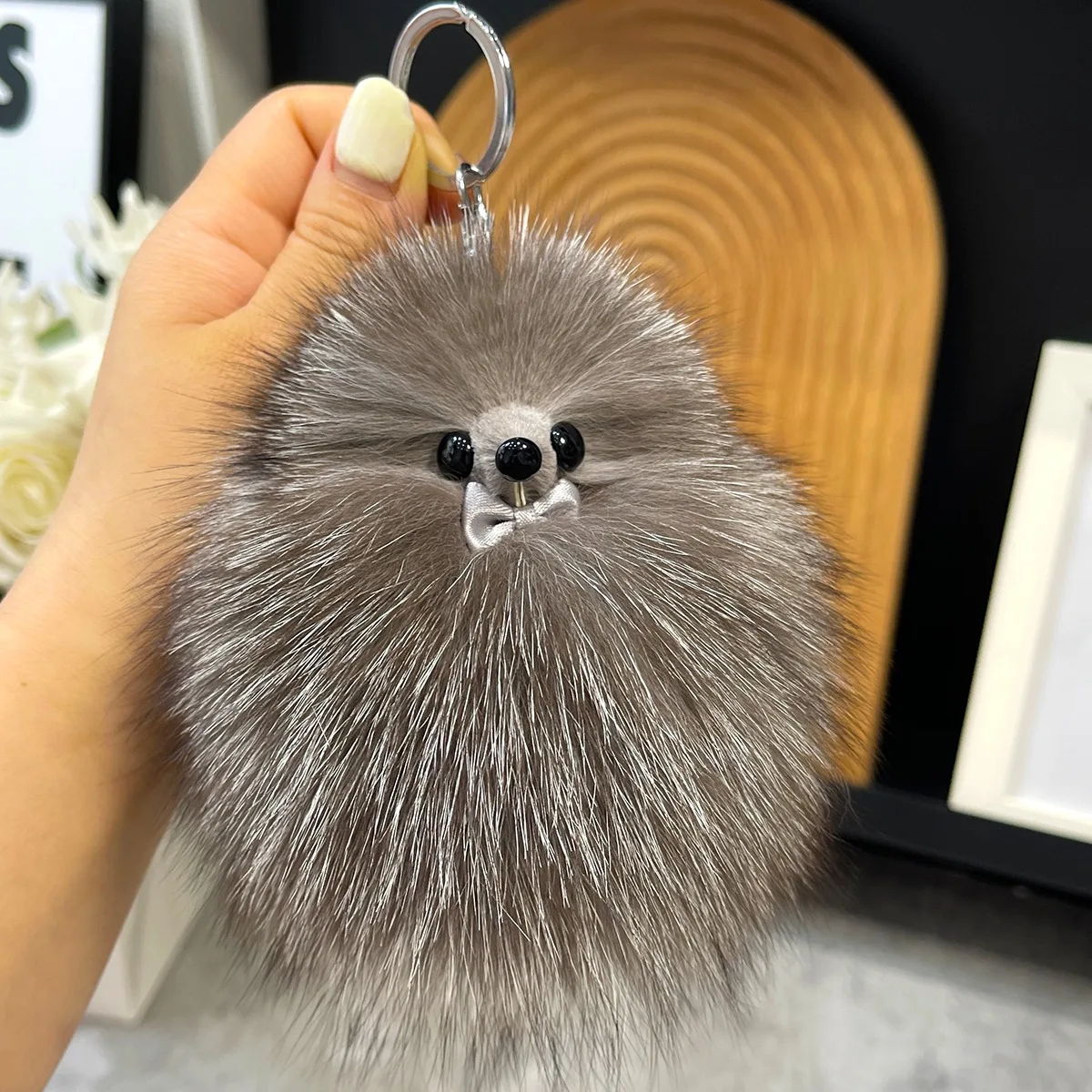 Real Fox Fur Keychain Natural Plush Pom Pom Ball Women\'s Bag Pendant Luxury Car Key Ring Metal Pendant Cute Key Chain Girl Gift