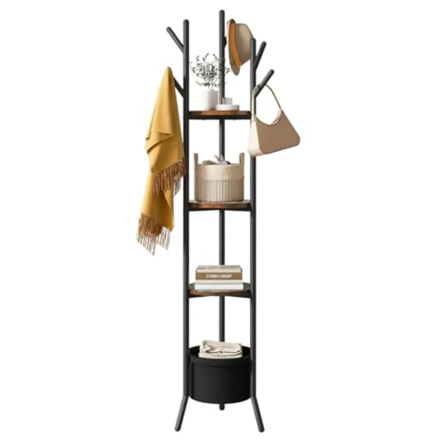 

Coat Rack Freestanding Coat Stand with Storage Shelves Hall Trees with 3 Wooden Shelves and 1 Fabric Basket Metal Clothes Stand