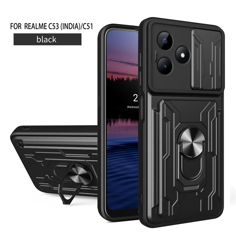 For OPPO Realme C53 4G Ring Holder Armor Shockproof Split Back Card Coque For OPPO Realme C51 4G Slide Lens Protect Phone Cover