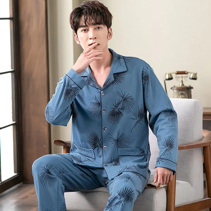 Big Yards Men's Pajama Sets Spring Autumn Man Pajamas Set Print Sleepwear Knit Cotton Pajamas For Men Tops Pants Leisure Outwear