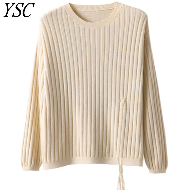 Winter Women's Knitted 100% All Cotton Pullover Fashion Sweater O-Neck Long Sleeve Vertical stripe style Soft Warm Basics Tops