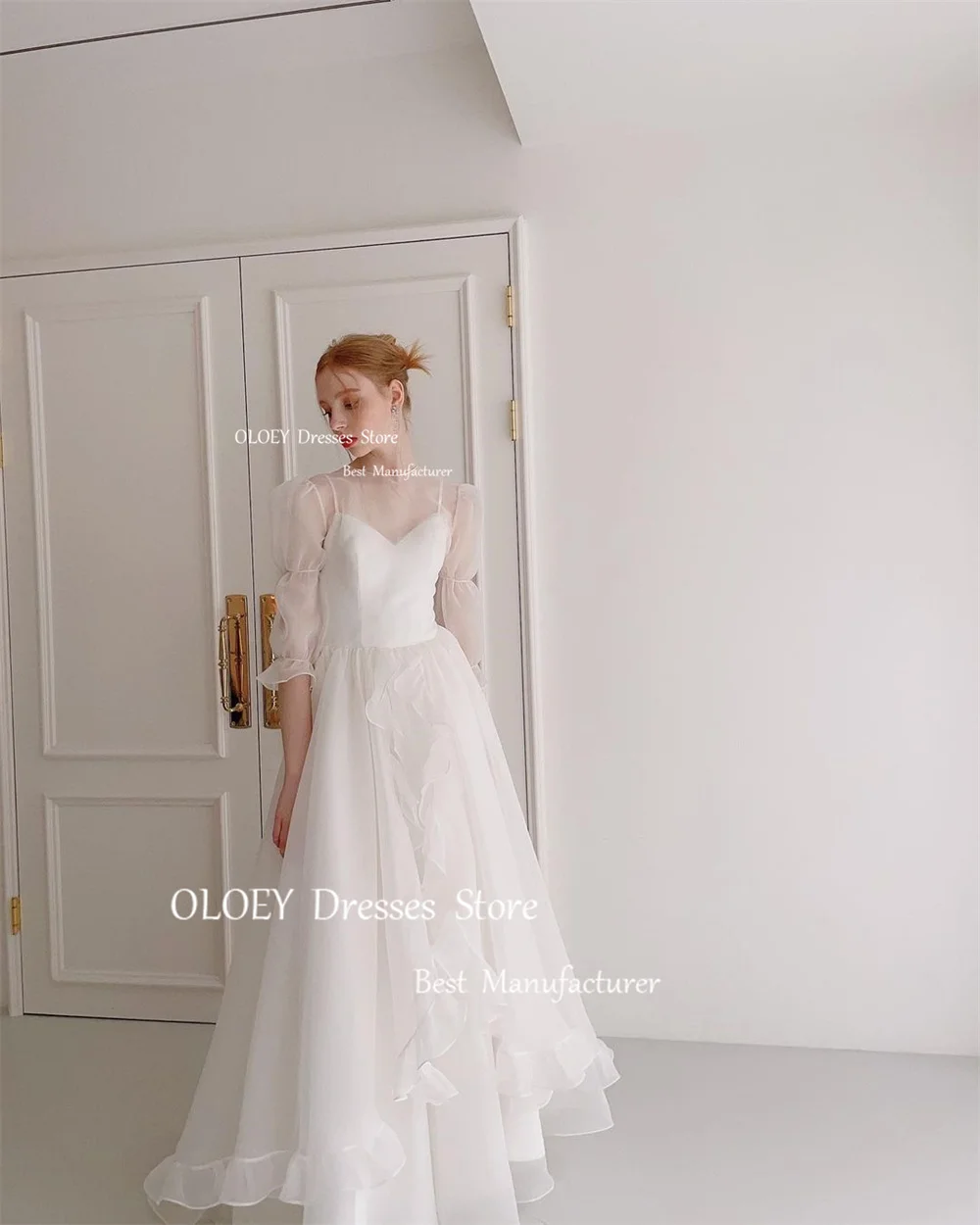 OLOEY Simple Ivory Prom Dresses Ruffles Chiffon Summer Evening Dresses Wedding Party Gowns O Neck Ankle Length Custom Made