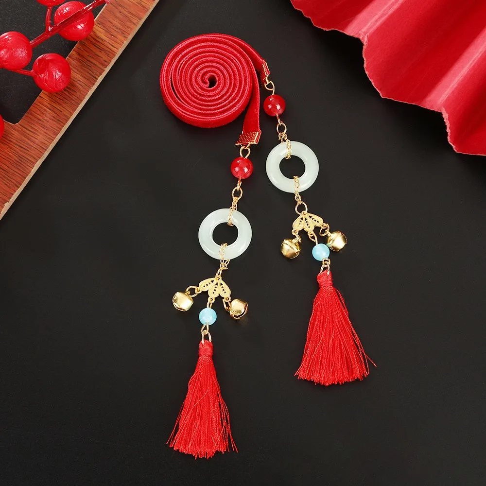 

Sweet Tassel Satin Red Long Headband Bell Ancient Hairband New Year Hair Rope Alloy Beads Girls Ribbon Head Rope Kids