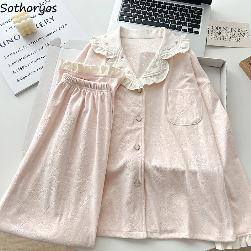 

Pajama Sets Women Turn-down Collar Sleepwear Jacquard Trendy Autumn Winter Ruffles Design Embroidery Slouchy Attractive Pyjamas
