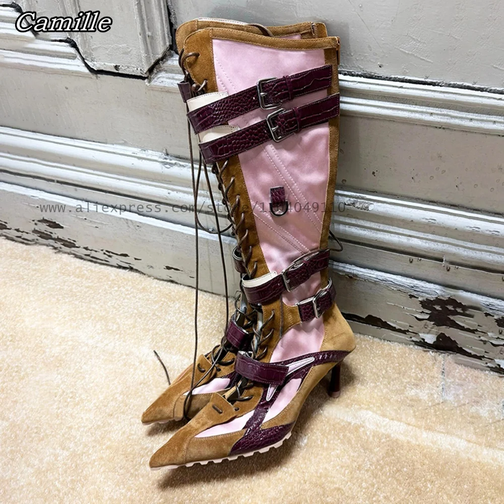 Retro Mixed Color Front Lace Up Modren Boots Autumn NEW Belt Buckle Strap Casual Boots Pointed Toe Mid Heel Sexy Lady Boots