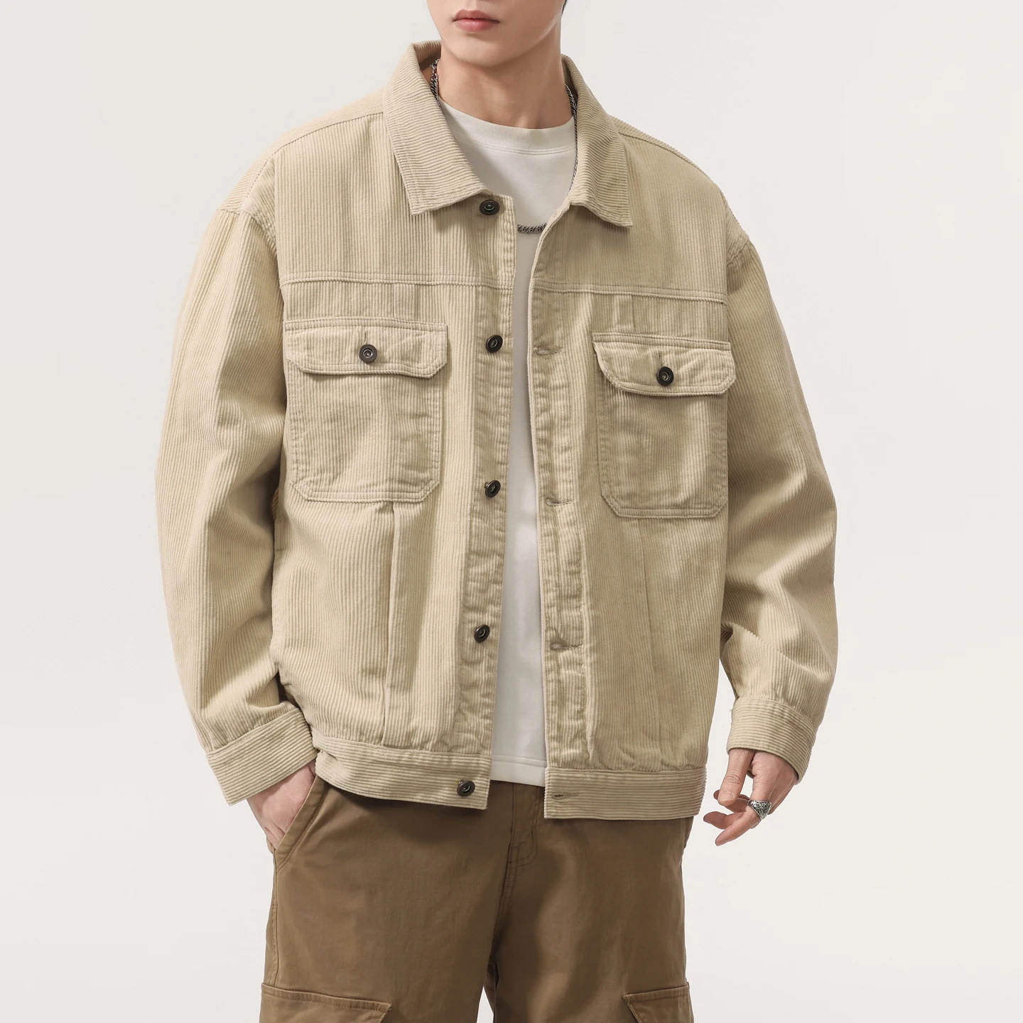 100% Cotton Washed Premium Corduroy Turn-Down Collar Jacket for Men Relaxed-Fit Spring/Autumn American Workwear Casual Outerwear