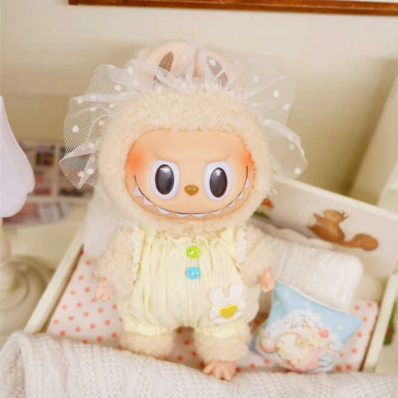 

Kawaii для мини-куклы 17 см, одежда, аксессуары для Labubu, Корея Kpop Idol, кружевной шарф, желтый комбинезон, одежда, новые пижамы