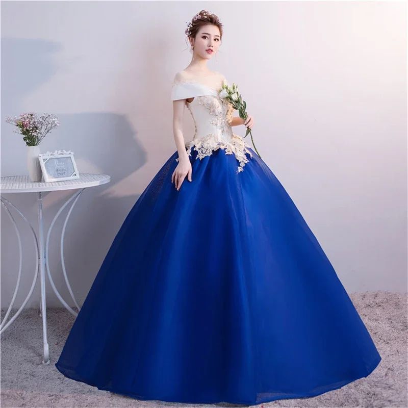 Royal Blue Graduation Celebration Dress Elegant O Neck Off The Shoulder Lace Beading Party Prom Luxury 15 Quinceanera Dress