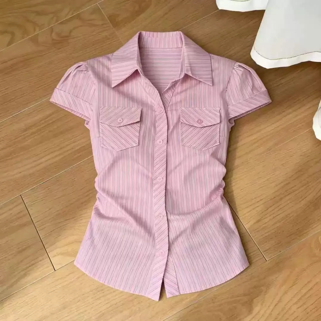 

Pink Striped Blouse Women's Clothing Slim Waist Short Sleeve Tunic Shirts Short Sleeve Summer Blouses Tops 2026 Camisas De Mujer