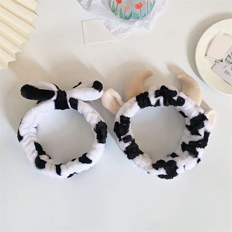 2PCS/Set Plush Wash Face Headband Cow Print Spa Wrist Band Cuffs Women Girls Facial Makeup (Pattern Position Random)