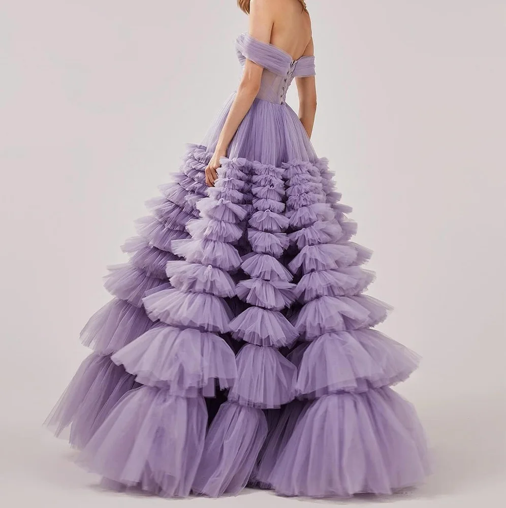 Clássico plissados em camadas fora do ombro mangas curtas vestidos de baile temperamento a linha querida organza roxo vestidos de noite