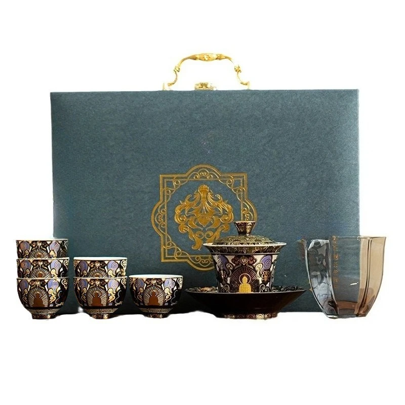 

Dunhuang style, black thangka, ceramics, anti-scalding, cover bowl, kung fu tea set, gift box.