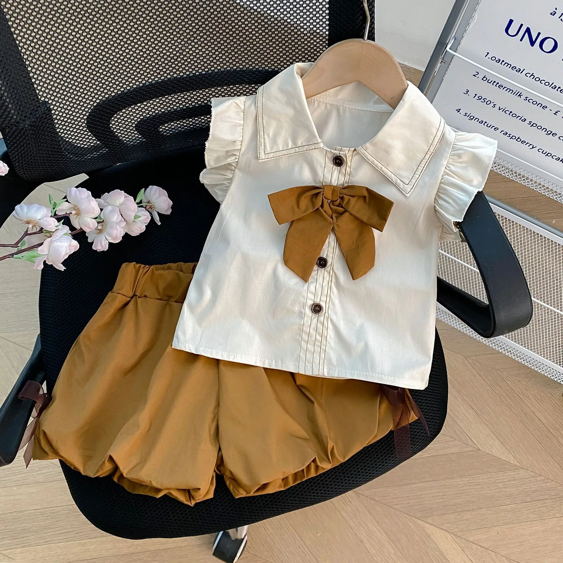 Summer New 2-8 Years Girls Clothing Set Solid Color Lapel Flutter Sleeve Cardigan+Bloomers 2Pcs Suit For Girls Stylish Outfit