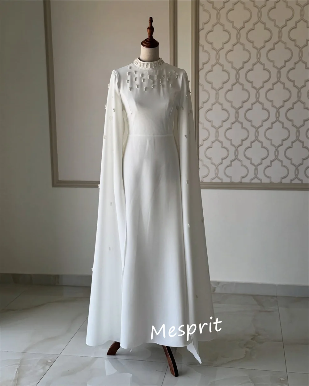 Maßgeschneidertes Jersey-Perlenkleid mit hohem Kragen, A-Linie, Midikleid, maßgeschneidertes Abendkleid für besondere Anlässe, klassisch, Retro, exquisit, formell