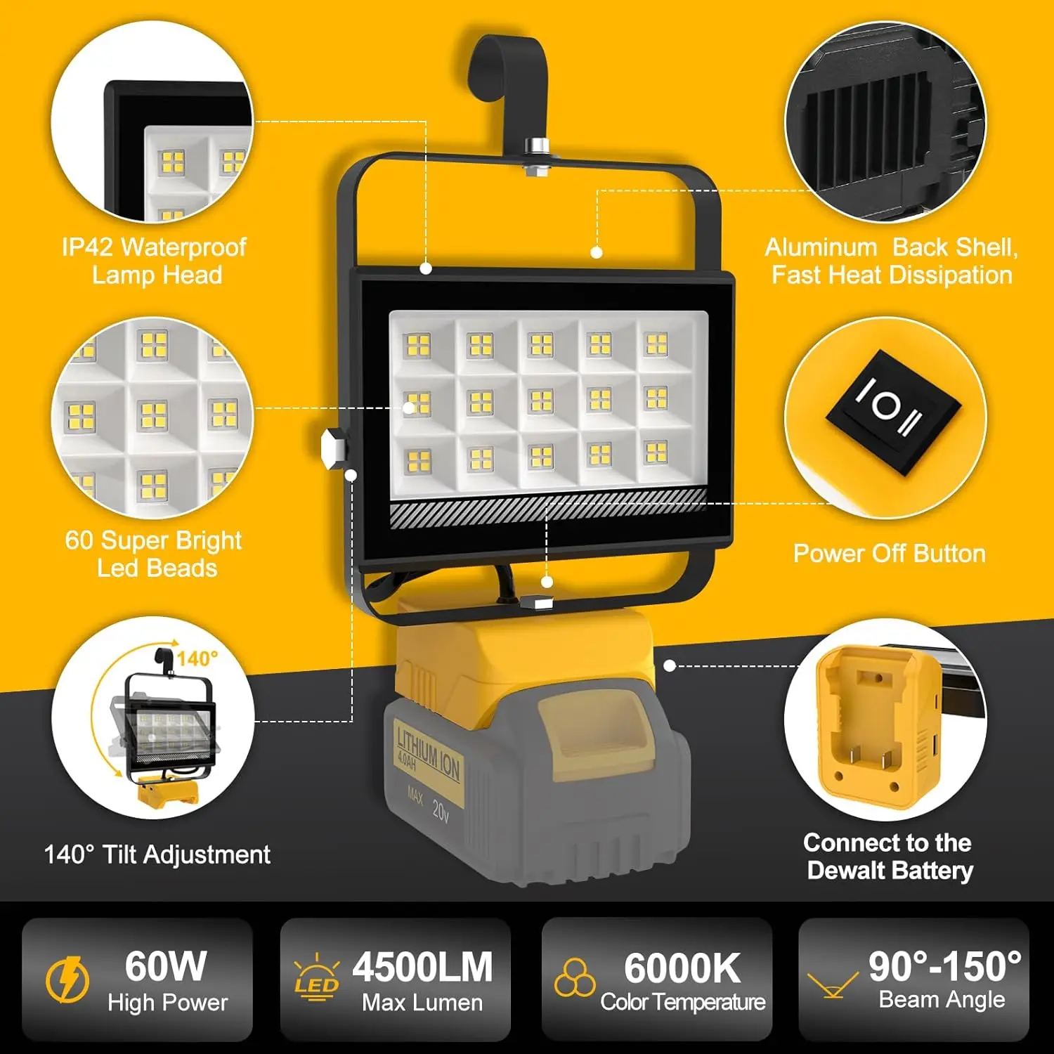 48W/60W/100W Portable LED Work Light Rechargeable LED Flood Light for Dewalt 18V-20V Li-ion Battery Cordless Work Light 6000k