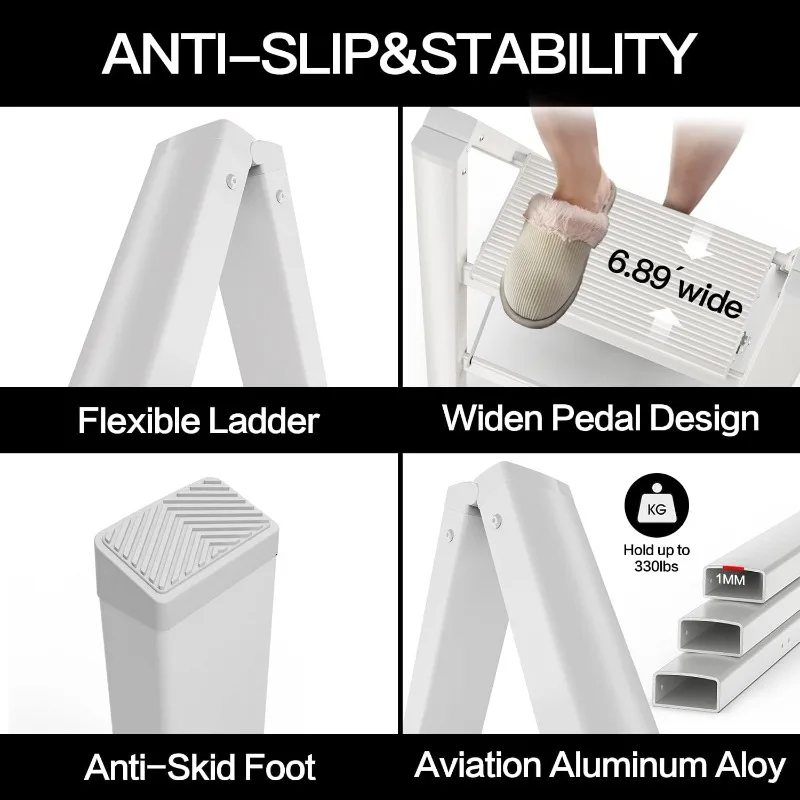 Ladder, 2 STEP Aluminum Folding Stool with Anti-Slip Sturdy and Wide Pedal, Lightweight Portable Stepladder