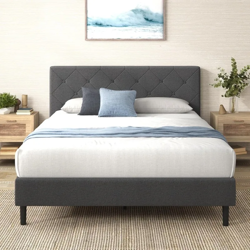 King Szie Upholstered Platform Bed Frame with Headboard,Wooden Slat Support, No Box Spring Needed, Easy Assembly, Dark Grey