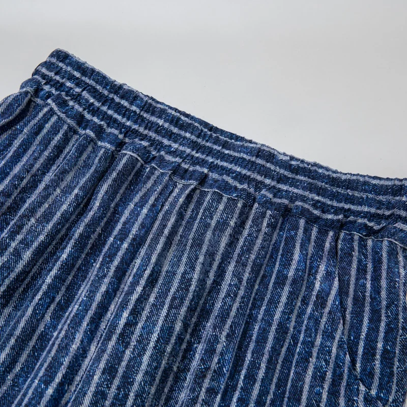 Women Pants 100% Mulberry Crepe Silk Blue Jeans Striped Printed Pocket Wide Leg Long Trousers Elastic Waist Office Lady QQ002