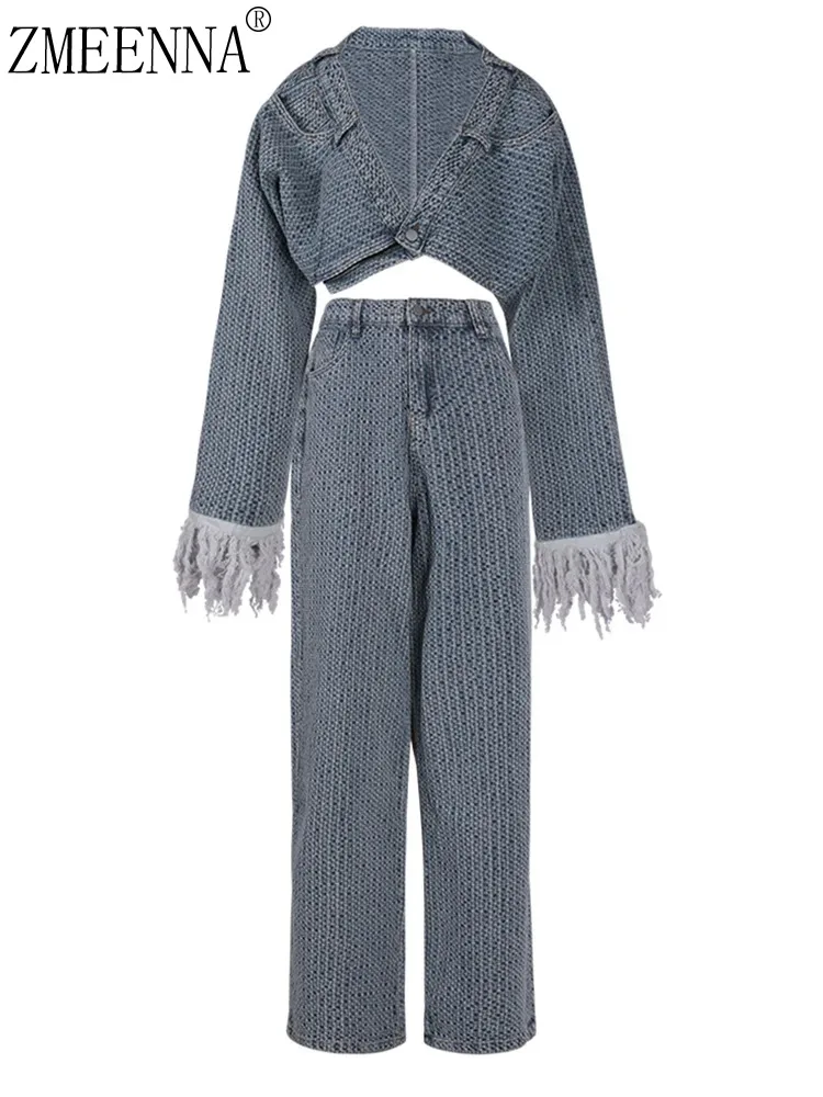 ZMEENNA Two Piece Suit Big Size Denim Jacket Wide Leg Pants New V-Neck Long Sleeve Women Fashion Tide Spring Autumn 2024 XF2671