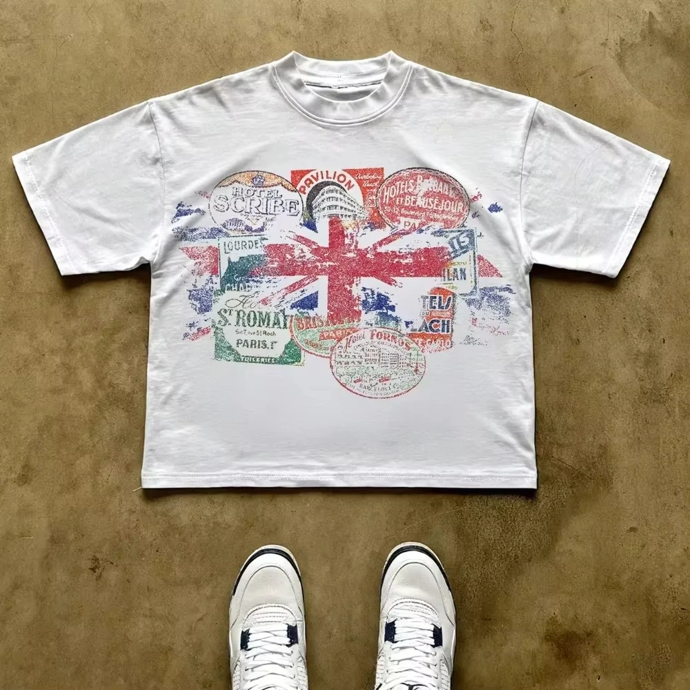 2026 Retro Travel Street T‑Shirt Distressed Vintage Stamp Flag Collage Front Graphic Unisex Short Sleeve Top