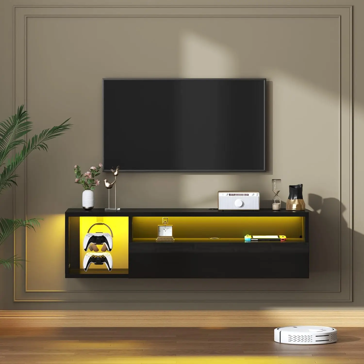SogesHome 39'' Floating TV Stand with LED Lights, Wall Mounted Entertainment Center with 3 Storage Shelves, Modern Media Console