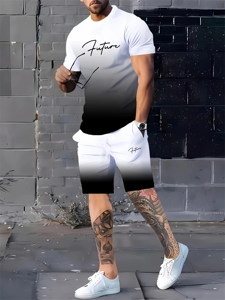 

Лето 2023, Новое поступление, мужской комплект с градиентом, топ с круглым вырезом и короткими рукавами, шорты на шнурке, мужской комплект из двух предметов для отдыха