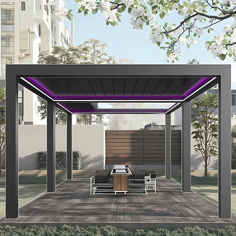 

Электрическая жалюзи на крыше с рамой с порошковым покрытием для защиты от солнца и дождя на балконе, настраиваемая для рынка США и ЕС, перго