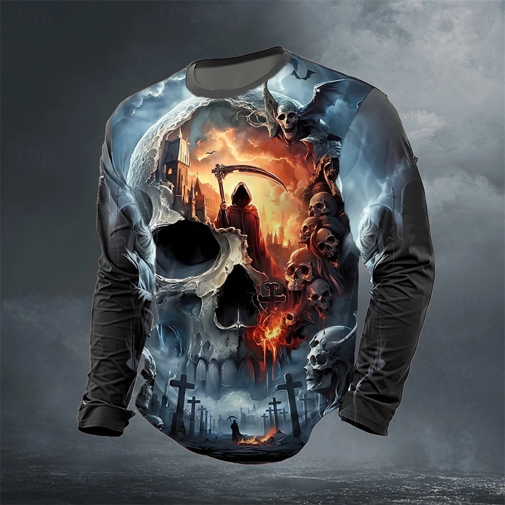 

2025 Fall Winter Halloween Skull Print Long Sleeve T-Shirts For Men Goth Streetwear Casual Tops Halloween Theme Casual Tees