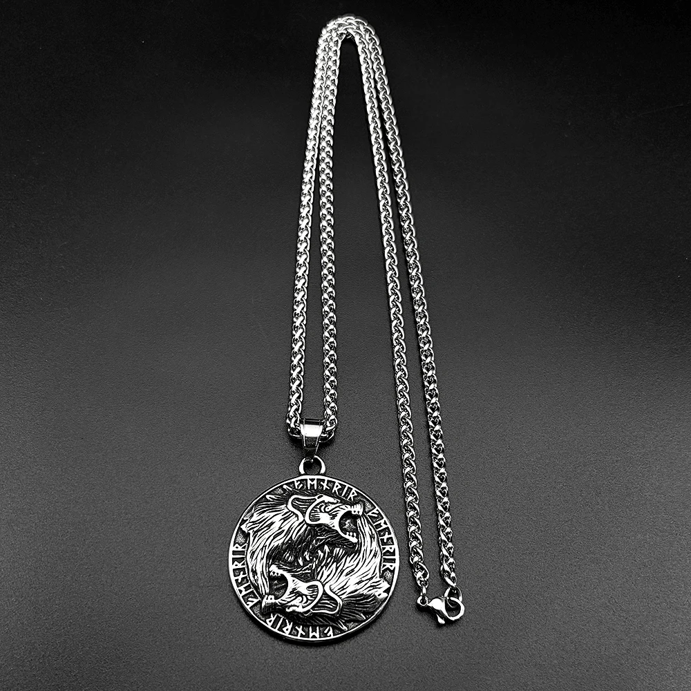 Nordische Mythische Doppel-Wolf-Rune-Kette für Damen und Herren, Edelstahl, Schwarz, Retro, Okkultismus, Herrenhalskette, Schmuckgeschenke – Detail 7