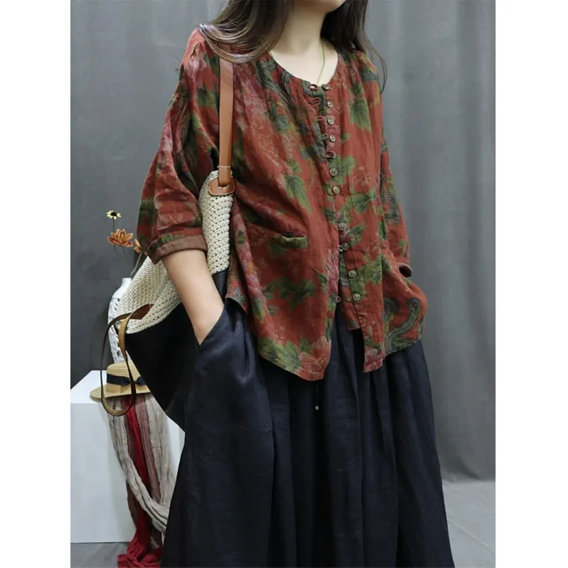 

Retro Ethnic Sle Cotton Linen Women's Spring New Faion Print Versatile Trendy Linen ort Outerwear Vintage Look