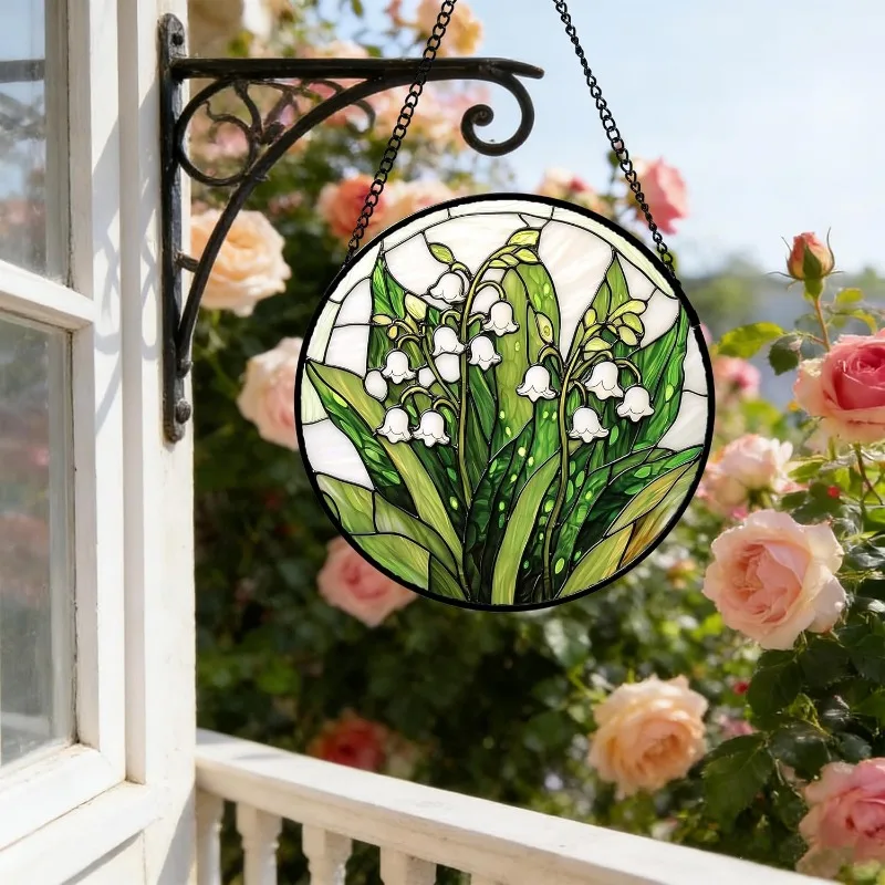 Lily of the Valley Flower Sun Catchers Window Hanging Decorations Crafts Acrylic Green Plants Pendent Balcony Garden Home Decor