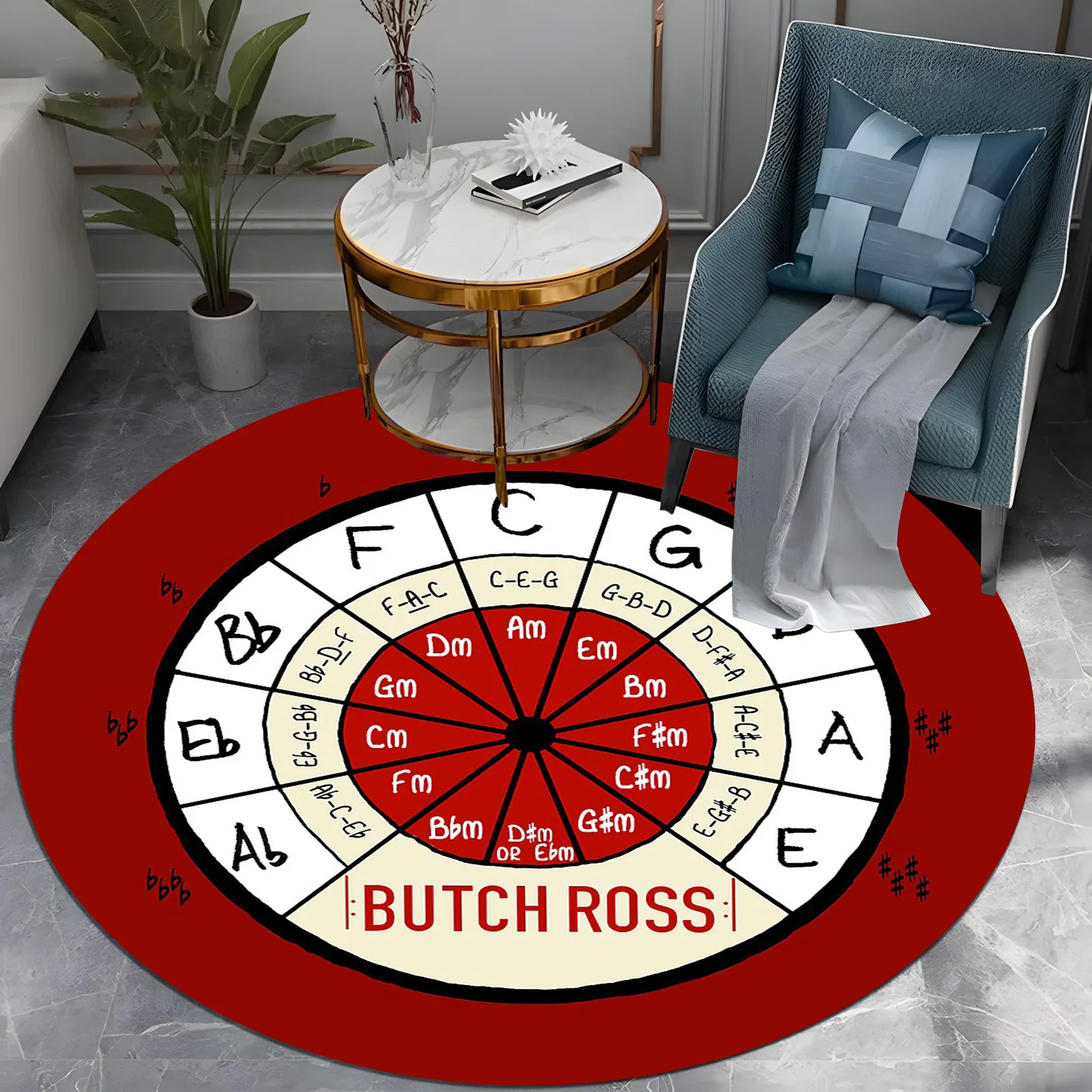 Butch Ross Circle of Fifths Round Rug Guitar Chord Wheel Design with Color-Coded Notes,Musician Home Decor,Non-Slip Practice Mat - view 5
