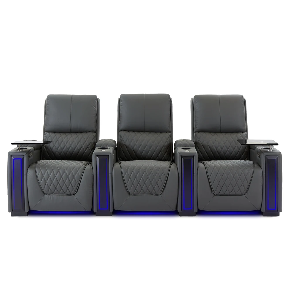 Electric Recliner Sofa Set for Home Theater, Genuine Leather Cinema Seats with Power Massage & Cup Holders, Stain-Resistant