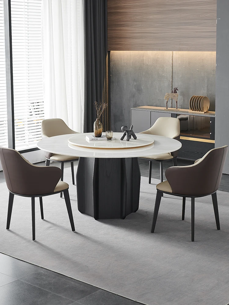 

Natural marble solid wood dining table and chair combination modern minimalist round dining table with turntable light luxury di