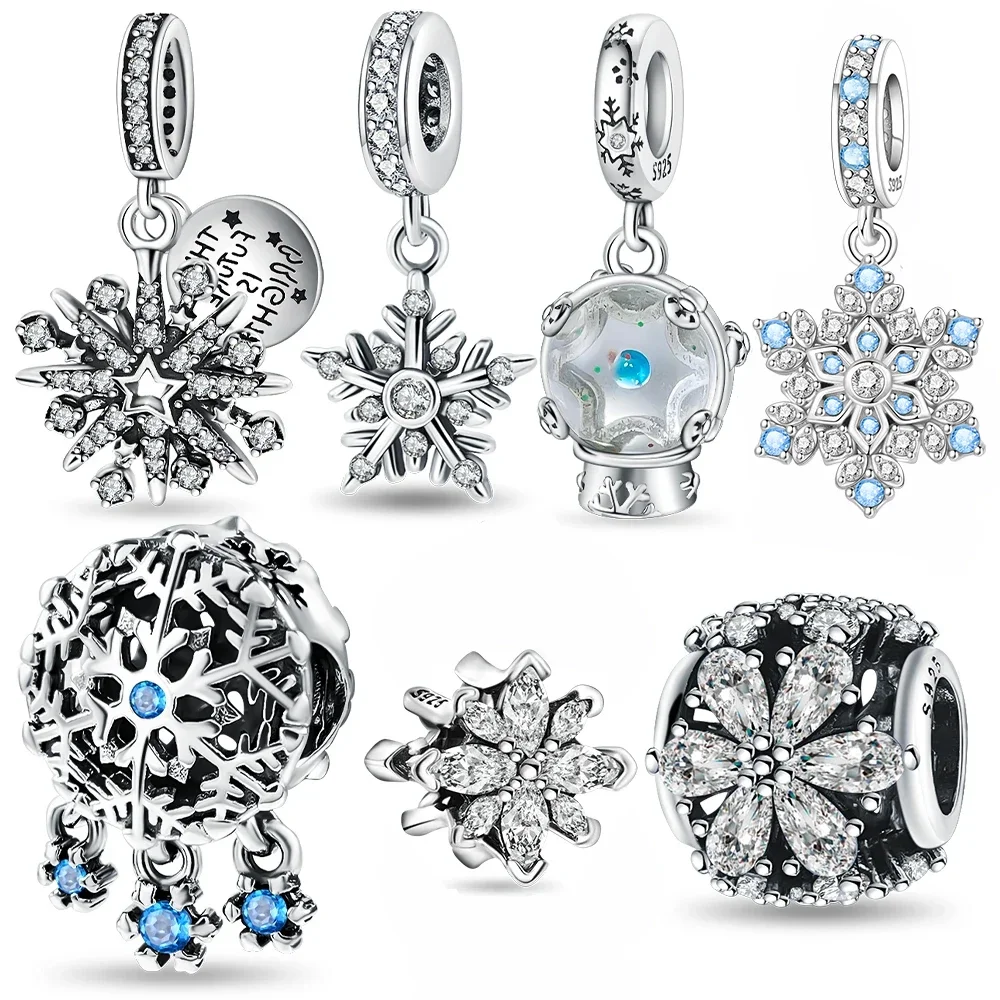Snowflake Theme Crystal Snow Globe Silver Plated Bead Original Charms Fit Bracelets Bag Keychain Charms DIY Women Gift Accessory