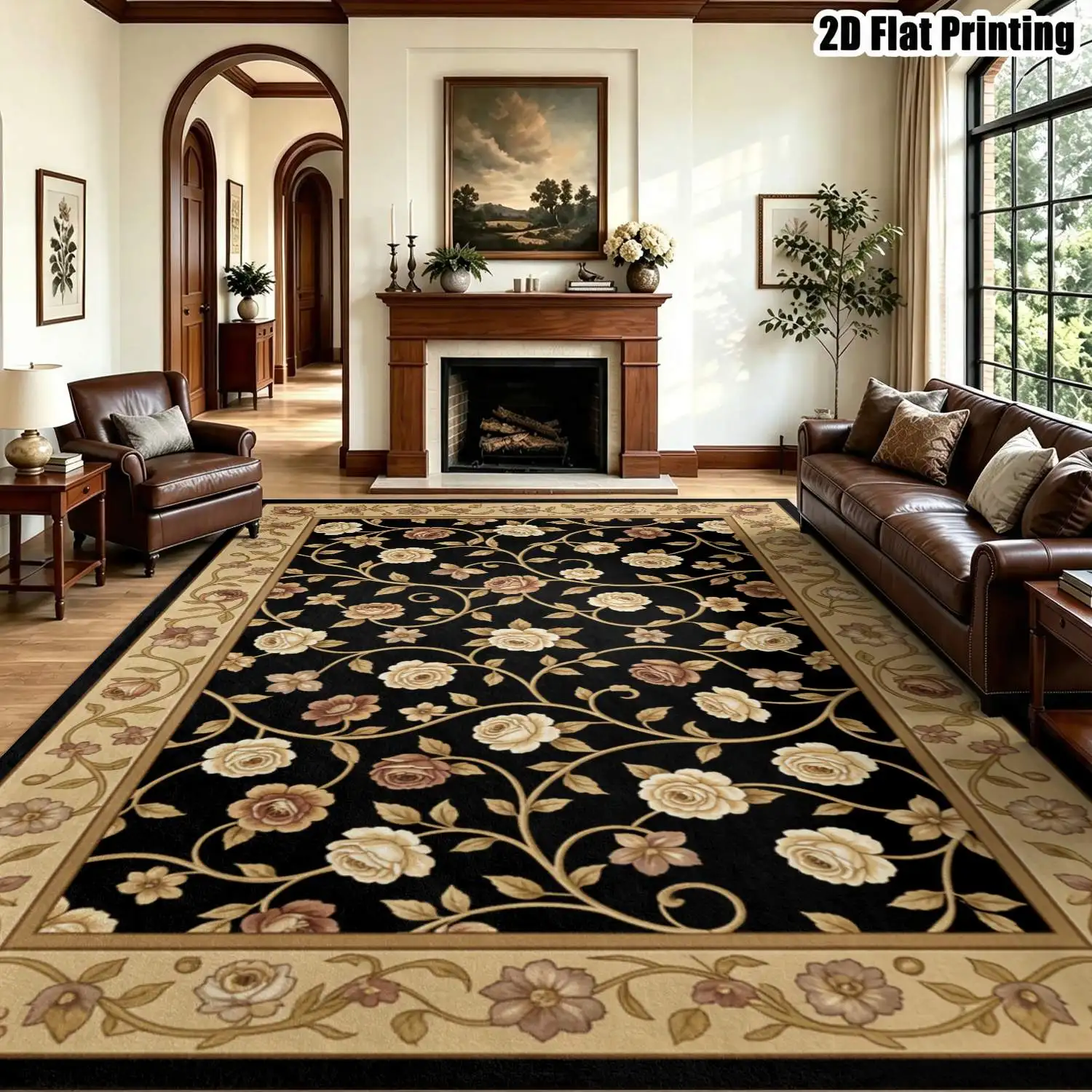 1Pc 2D Printed Floral Carpet, Black Base, European Retro Bohemian Style, Machine Washable, Ideal for Home Decor and Multi-Scene Use