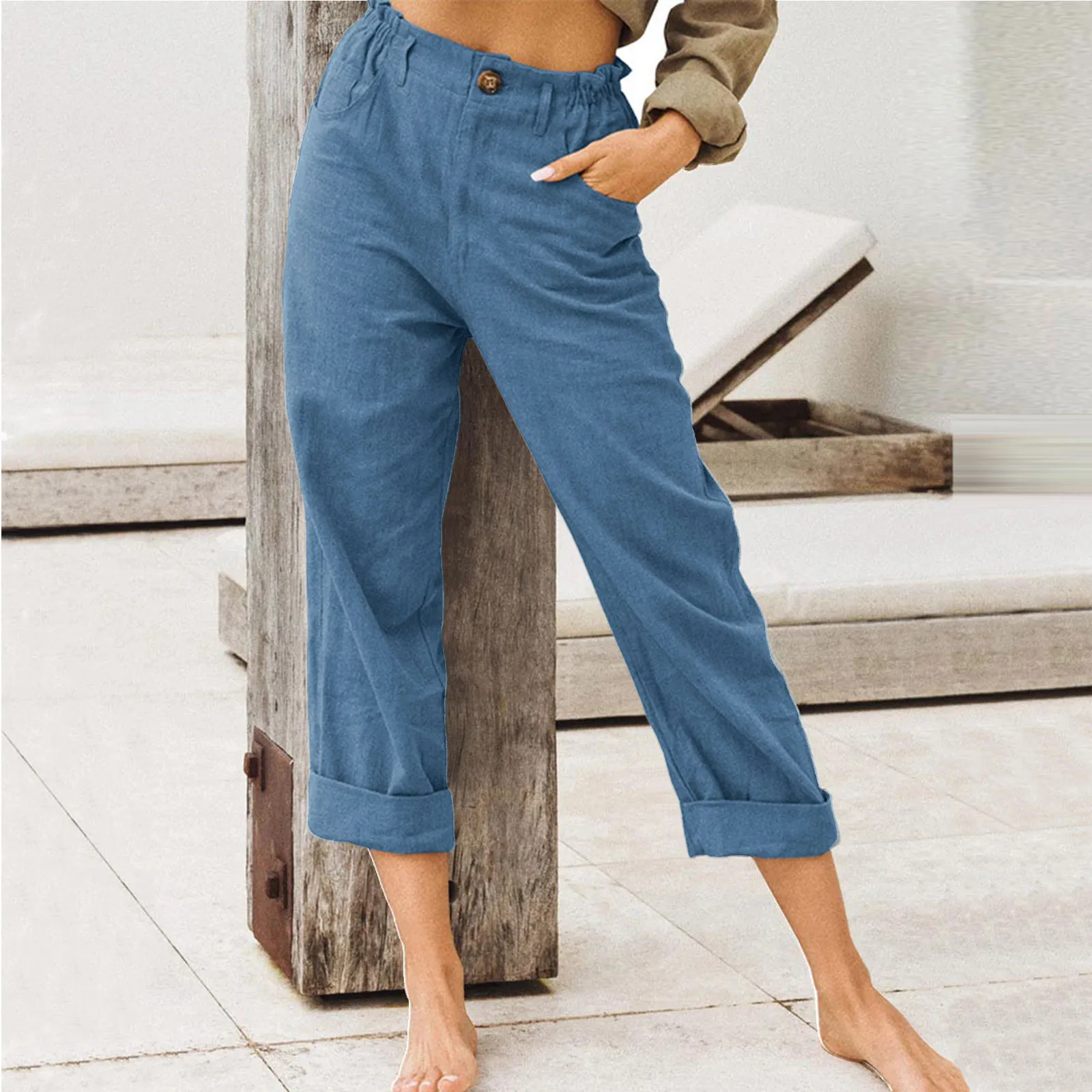 Womens Cotton Linen Pants Drawstring Back Elastic Waist Straight Pants Trousers Summer Autumn Daily Fashion Comfy Lady Pants