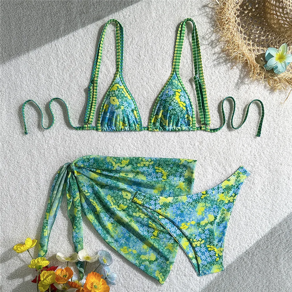 

Green Floral Print Triangle 3 Piece Bikini Set Swimwear Mesh Cove Ups Sexy Swimsuit Women 2026 Beach Swimming Wear Suit Bikini