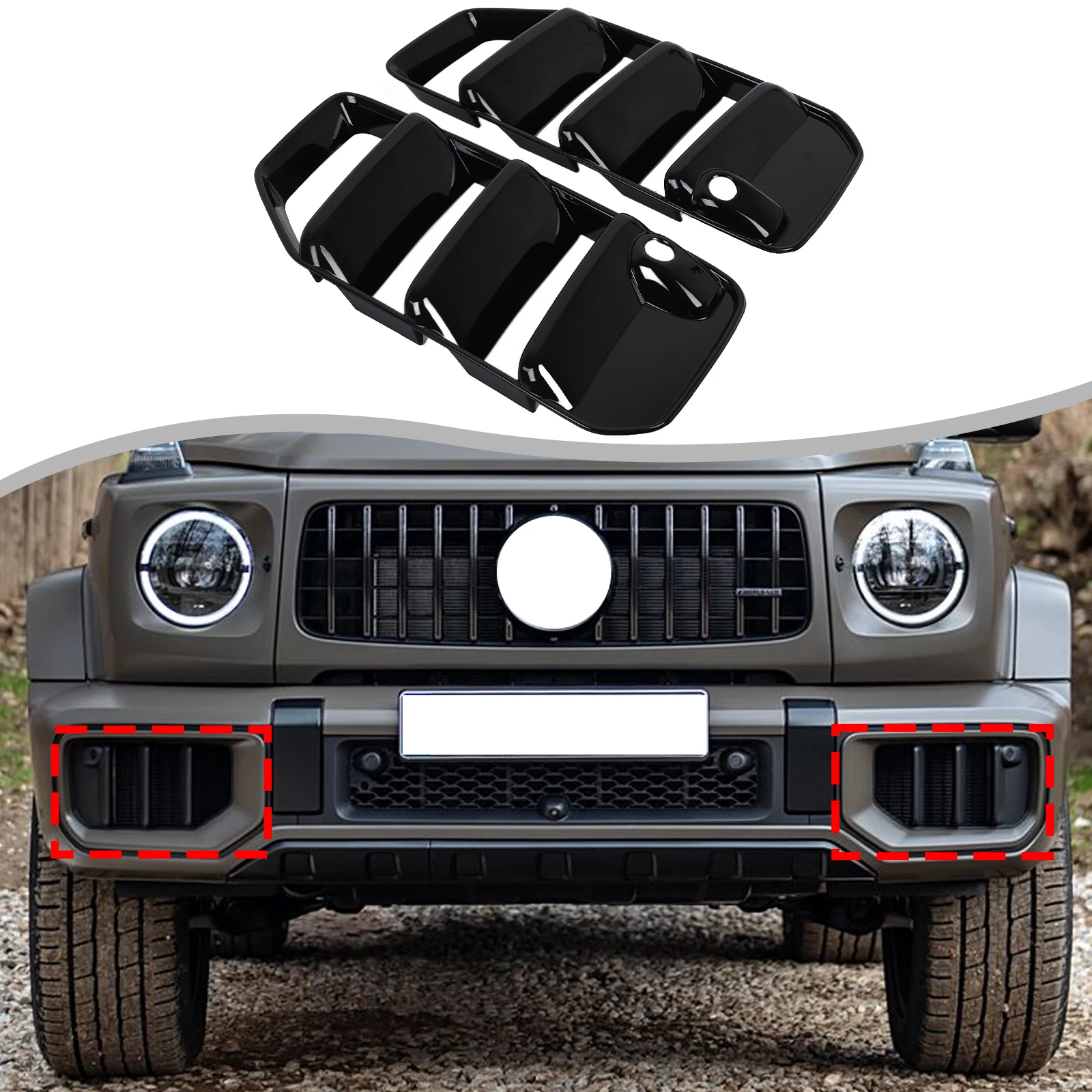 

Используется для Mercedes-Benz G-Class G63/W463 2025 года выпуска. Декоративные рамки с обеих сторон переднего бампера. Декоративные аксессуары ABS.