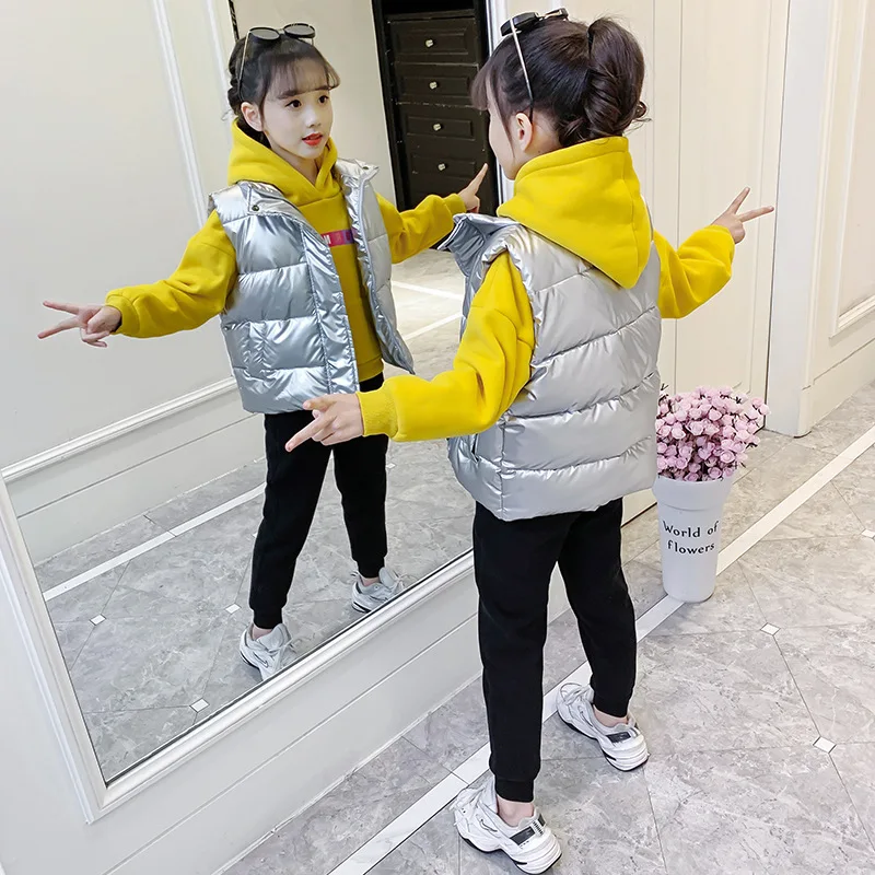 

Winter Children Girl 3pcs Set School Girl Thicken Hooded Sweatshirt+Shiny Vest Cotton Jacket+Thick Pants Set For 4-14Y Girls