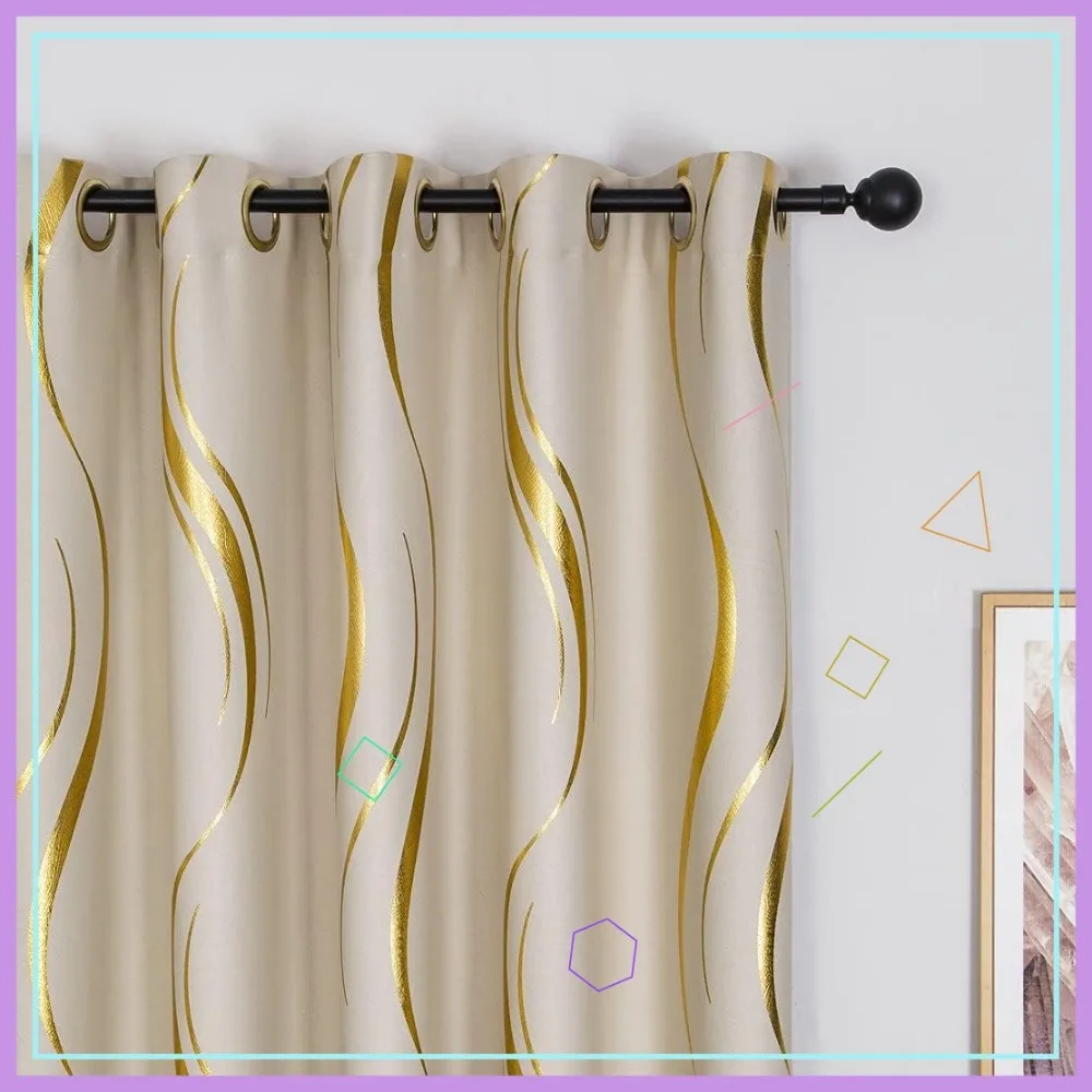 

2 Panels Striped Curtains 54x84 Inch Beige Gold Foil Print Grommet Blackout