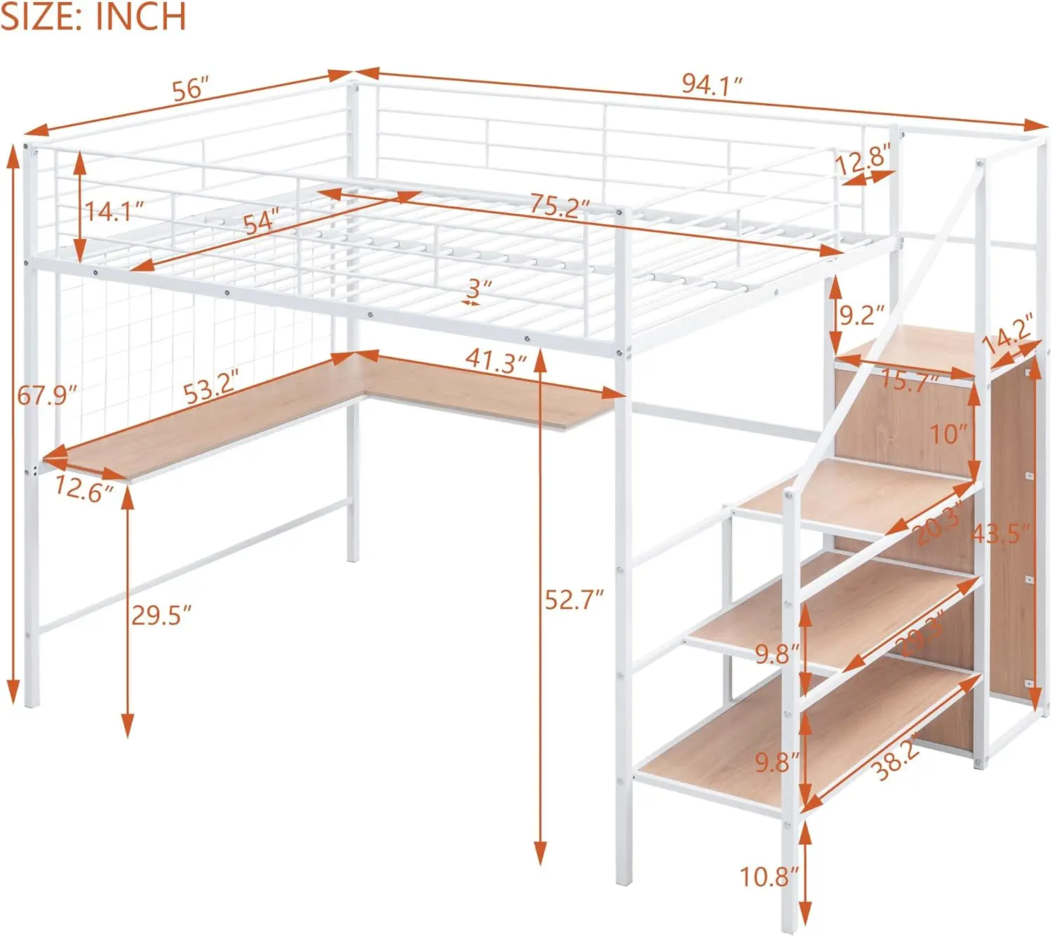 Full Size Metal Loft Bed Frame With Desk And Metal Grid, Loft Bed With Lateral Storage Ladder And Wardrobe, White