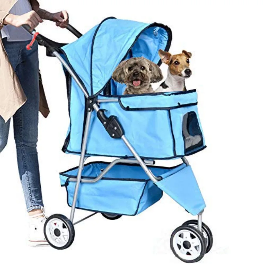

Pet stroller for outdoor use, aluminum alloy frame, black, lightweight foldable 3-wheel design with breathable mesh and shock a