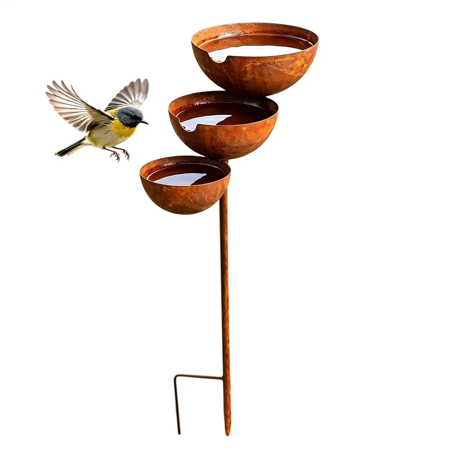 Vintage Iron 3-Tier Metal Bird Bath Rusted Ground Stakes Garden Rain Catcher Three-layer Bowl Handmade Bird Water Dispenser